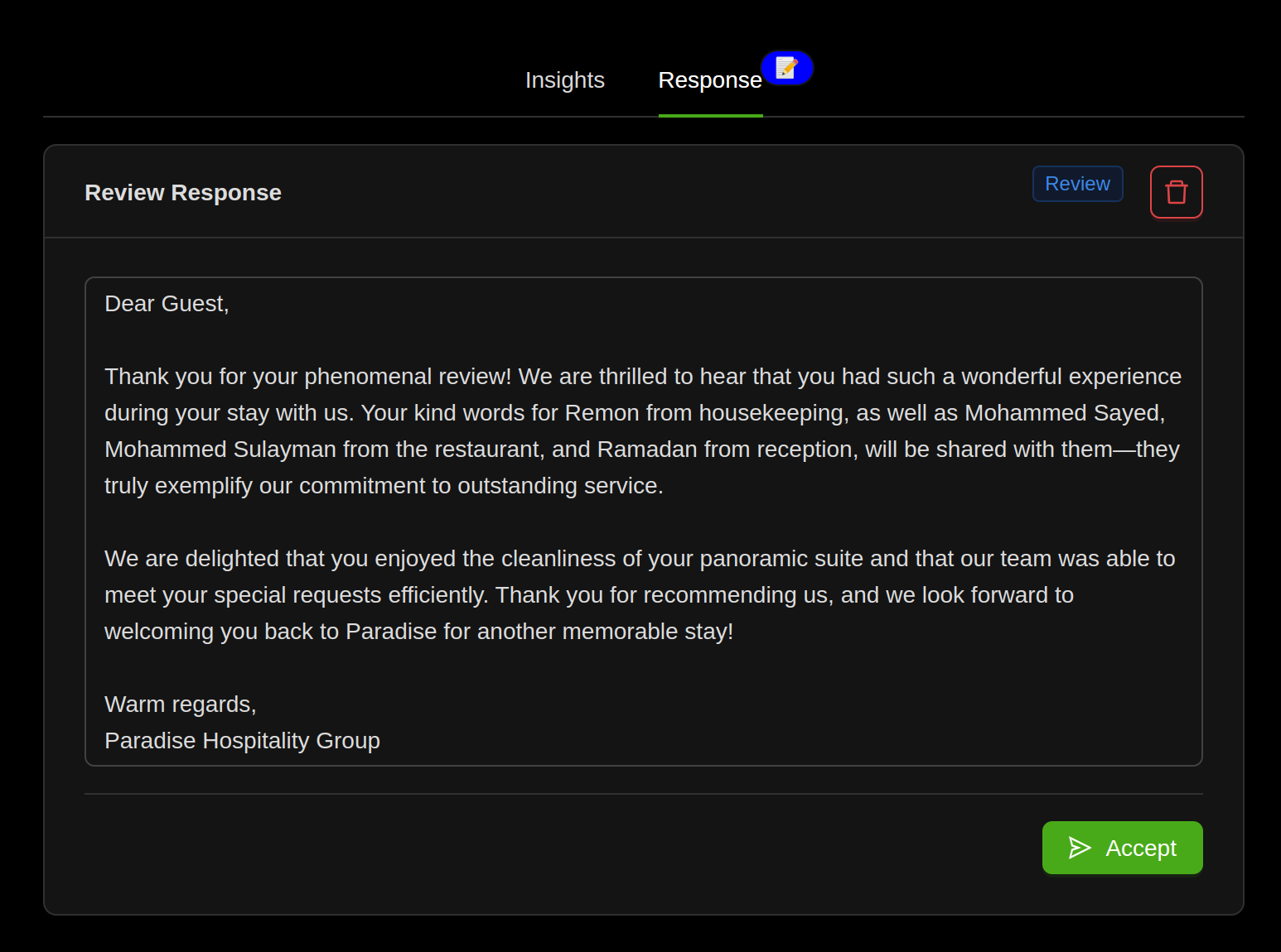 Review AI Response Screenshot